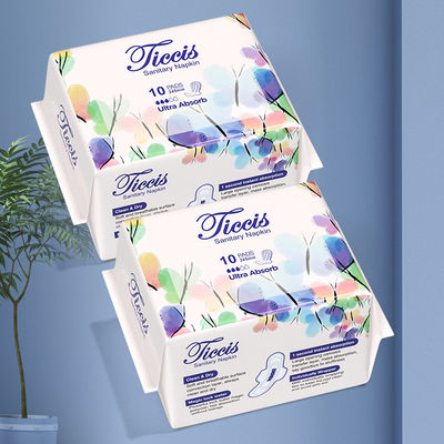 Un buen precio. Venta al por mayor Etiqueta privada superficie de algodón Usos personalizados de noche Impresión azul Mujeres Mujeres Pads sanitarios cómodos en línea